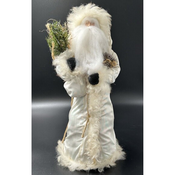 Off White Satin Santa with Fur Trim Black Mittens Bag of Twigs and Cedar 18.5 in - Picture 1 of 6